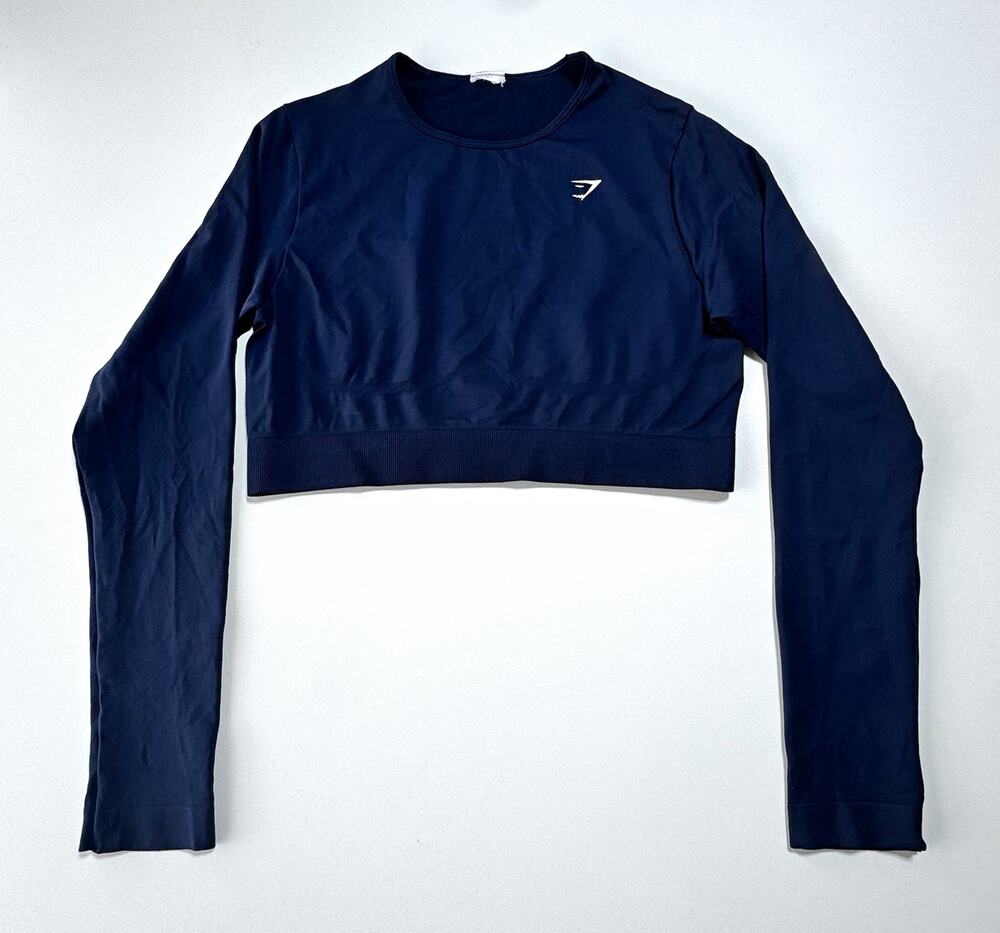 Gymshark Women Size M Navy Logo Cropped Long Sleeve Crew Neck Stretch Knit Tee